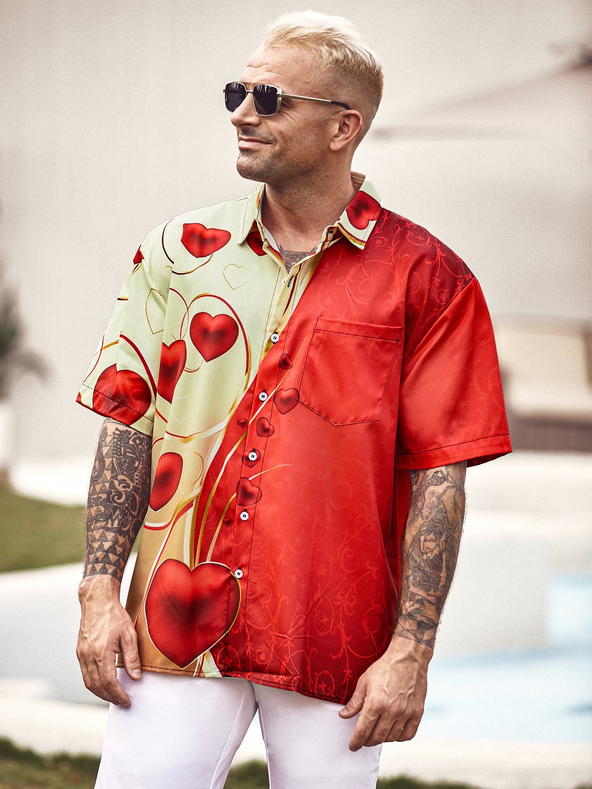 St Valentine‘s Day Heart Chest Pocket Short Sleeve Shirt