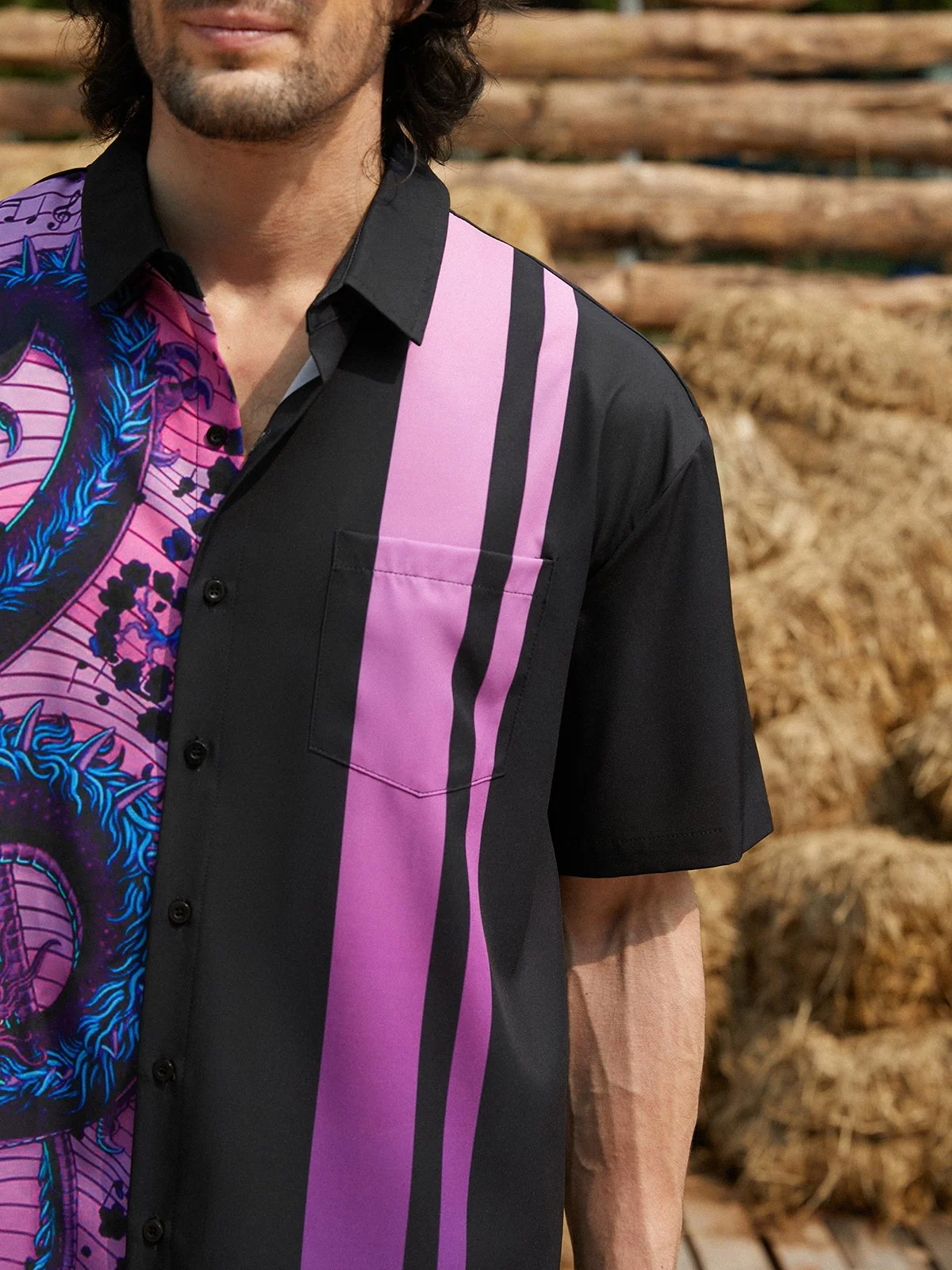 Music Dragon Chest Pocket Short Sleeve Bowling Shirt