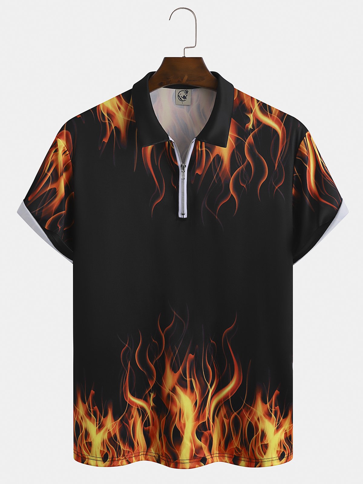 Casual Culture Collection Retro Western Culture Gradient Flame Element Pattern Lapel Short Sleeve Polo Print Top