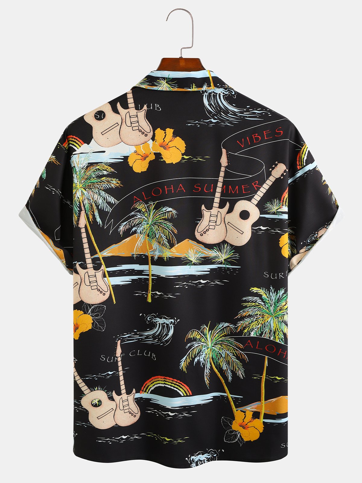 Men's Music Guitar Print Casual Breathable Fabric Hawaiian Short Sleeve Shirt