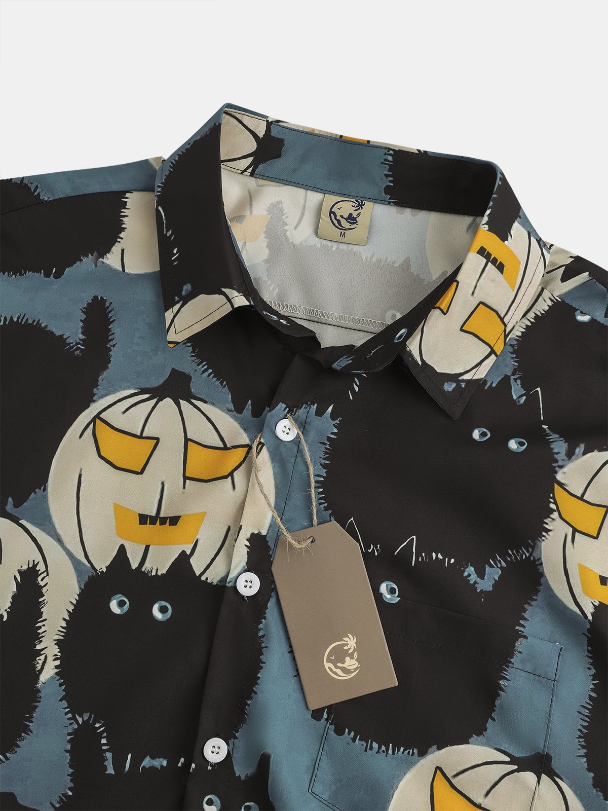 Men's Pumpkin Cat Print Wrinkle Resistant Moisture Wicking Fabric Lapel Short Sleeve Hawaiian Shirt