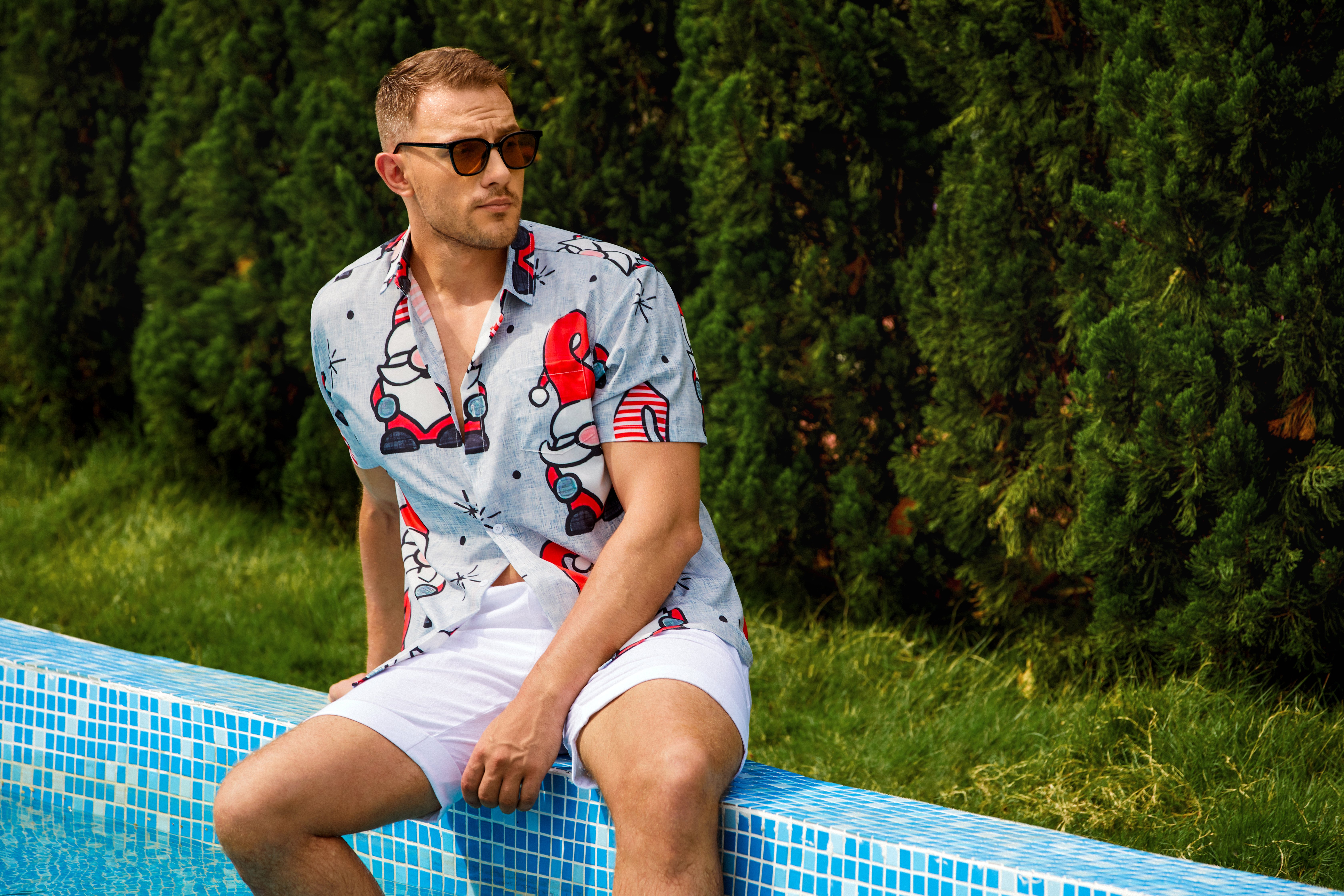 Men's Santa Print Casual Breathable Short Sleeve Shirt