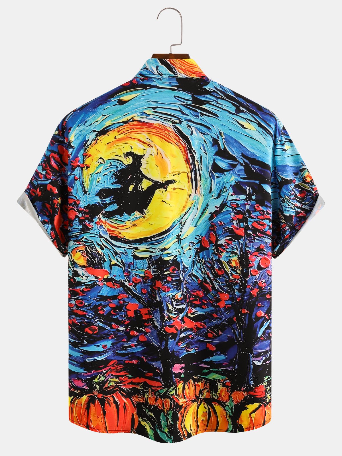 Mens Halloween Painting Print Front Buttons Soft Breathable Chest Pocket Casual Hawaiian Shirt