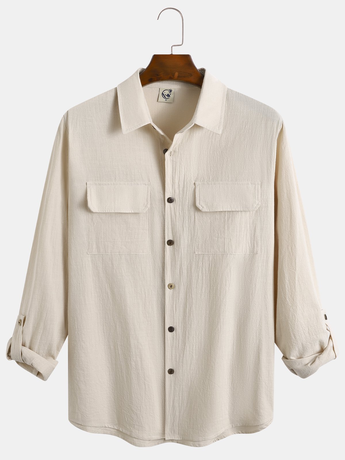 Cotton and Linen Plain Color Workwear Long Sleeve Shirt