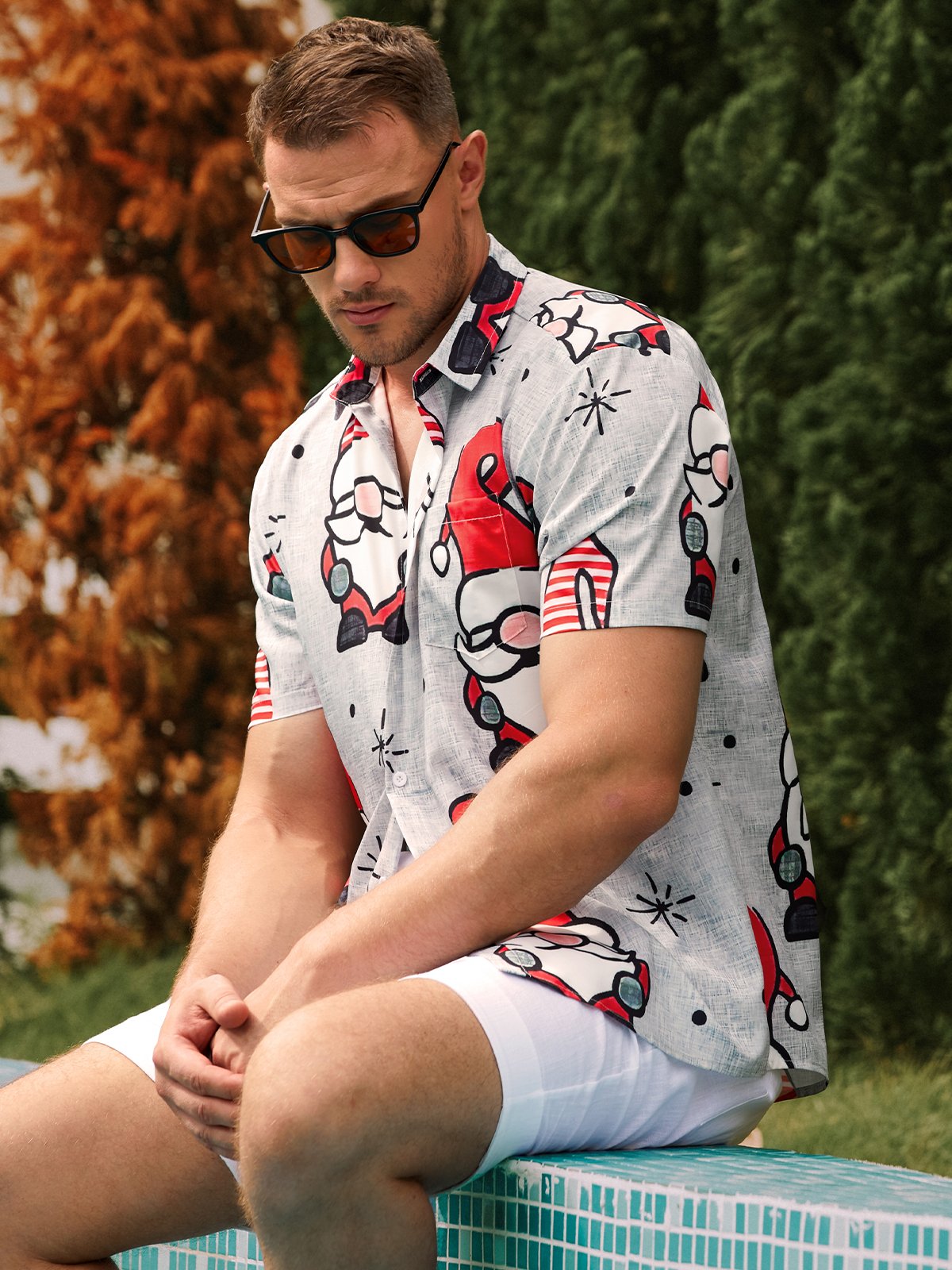 Men's Santa Print Casual Breathable Short Sleeve Shirt