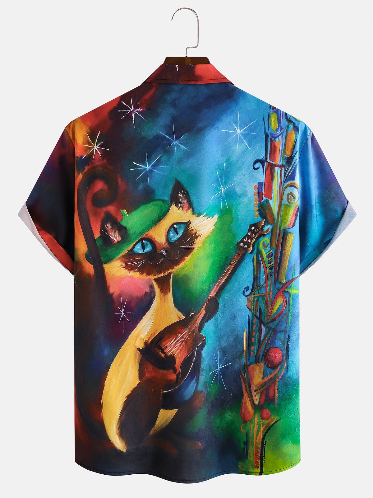 Men's Art Cat Print Casual Breathable Hawaiian Short Sleeve Shirt