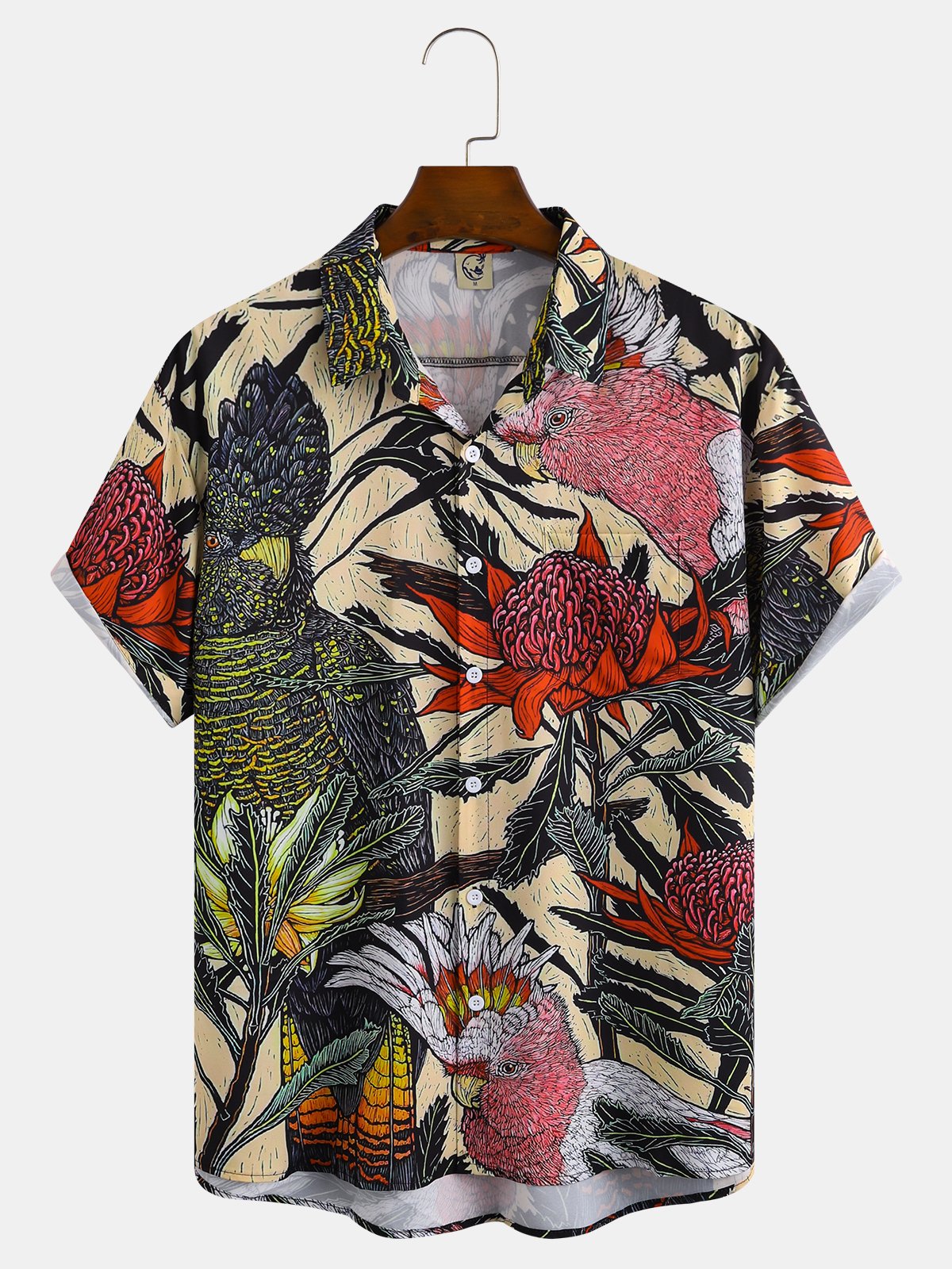 Men's Parrot Floral Print Casual Fabric Fashion Pocket Hawaiian Lapel Short Sleeve Shirt