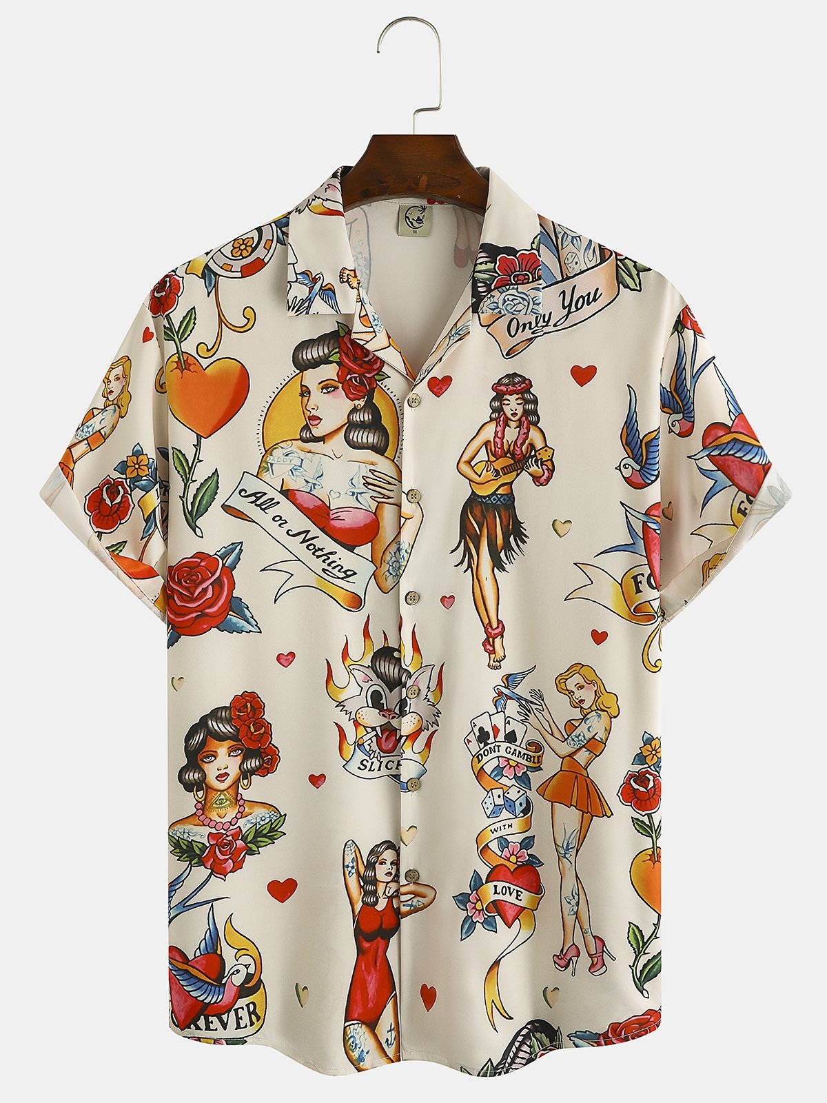 Mens Hula Girl Print Front Buttons Short Sleeve Shirt Loose Casual Hawaiian Shirt