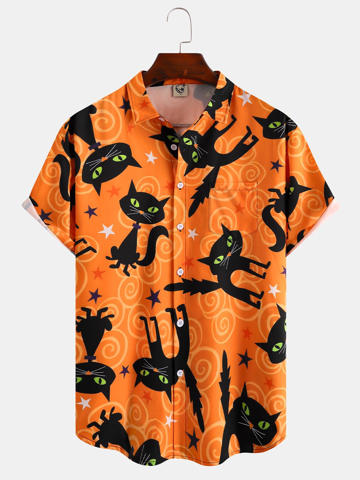Mens Funky Halloween Cats Print Front Buttons Soft Breathable Chest Pocket Casual Aloha Shirts