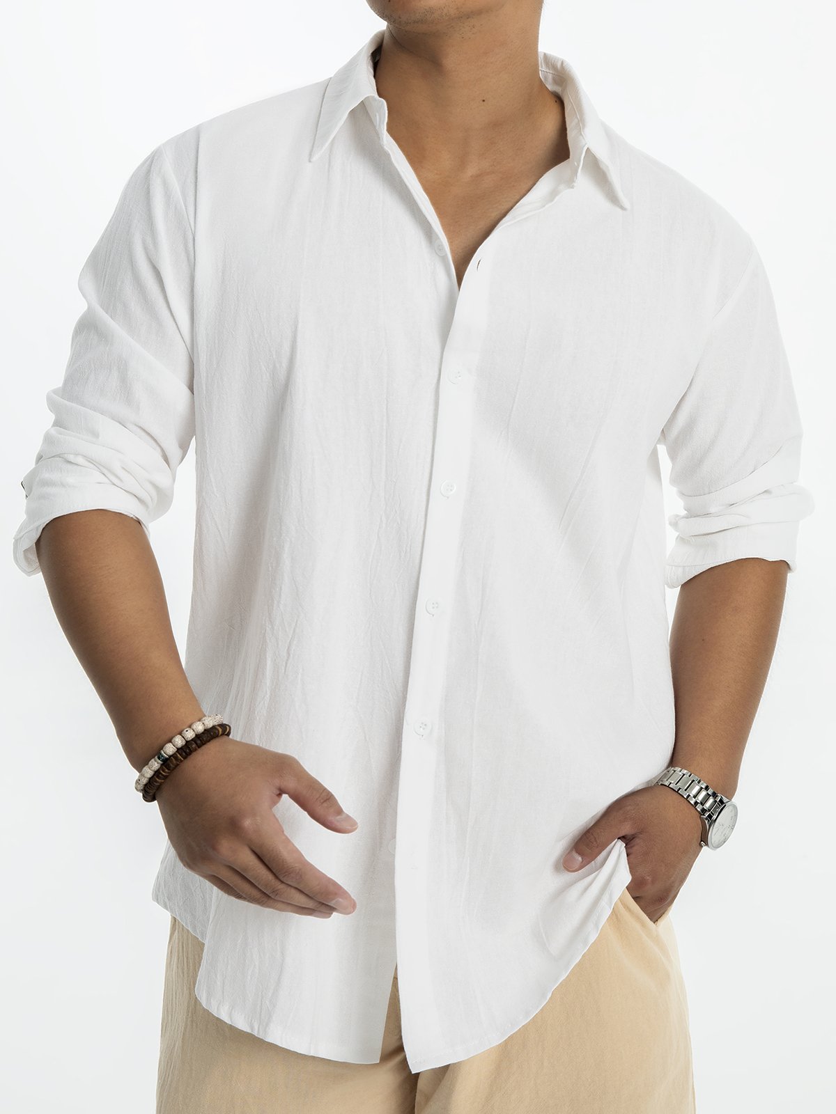 Mens Cotton Linen Style Casual Basic Versatile Long Sleeve Shirt