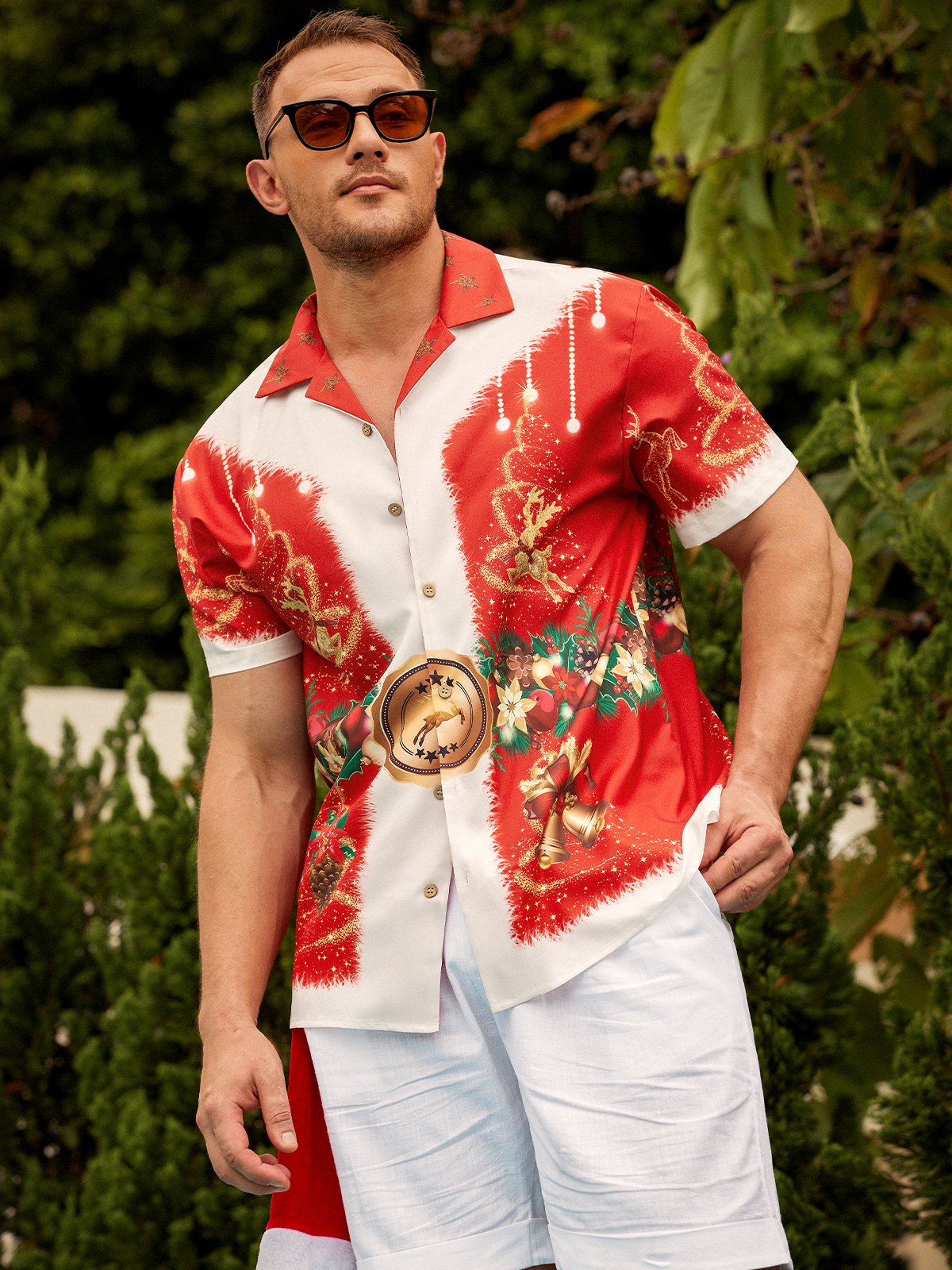 Mens Christmas Print Casual Hawaiian Short Sleeve Shirt