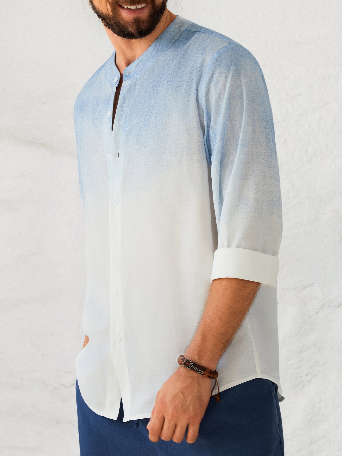 Cotton and Linen Gradient Hawaiian Long Sleeve Shirt