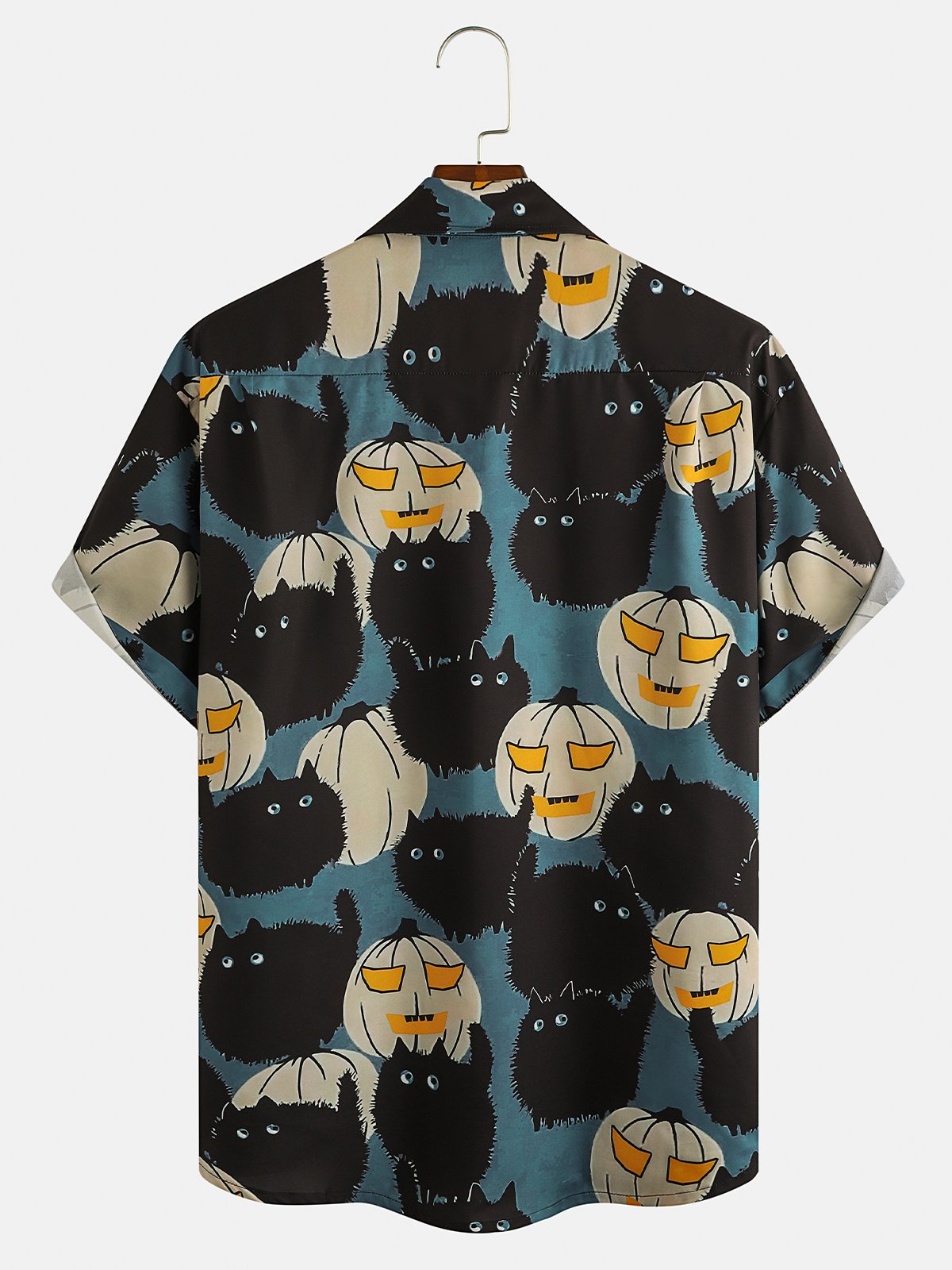 Men's Pumpkin Cat Print Wrinkle Resistant Moisture Wicking Fabric Lapel Short Sleeve Hawaiian Shirt