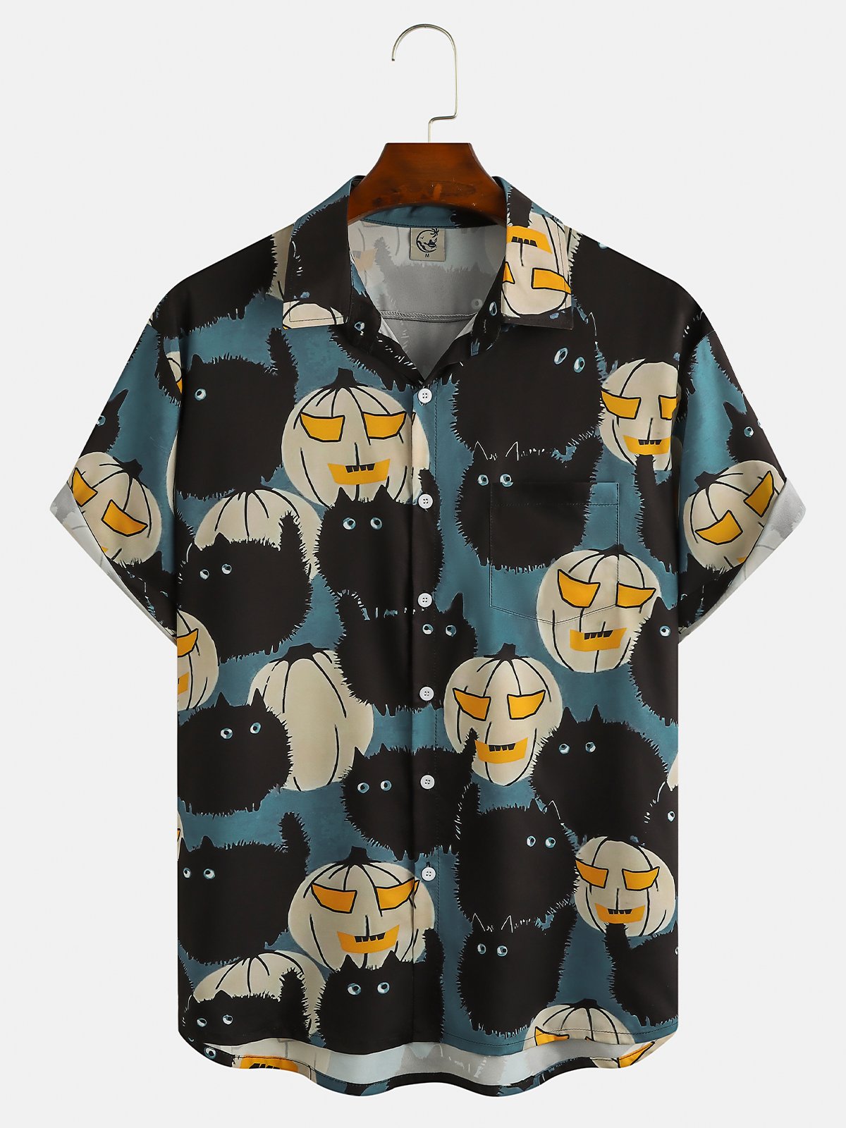 Men's Pumpkin Cat Print Wrinkle Resistant Moisture Wicking Fabric Lapel Short Sleeve Hawaiian Shirt