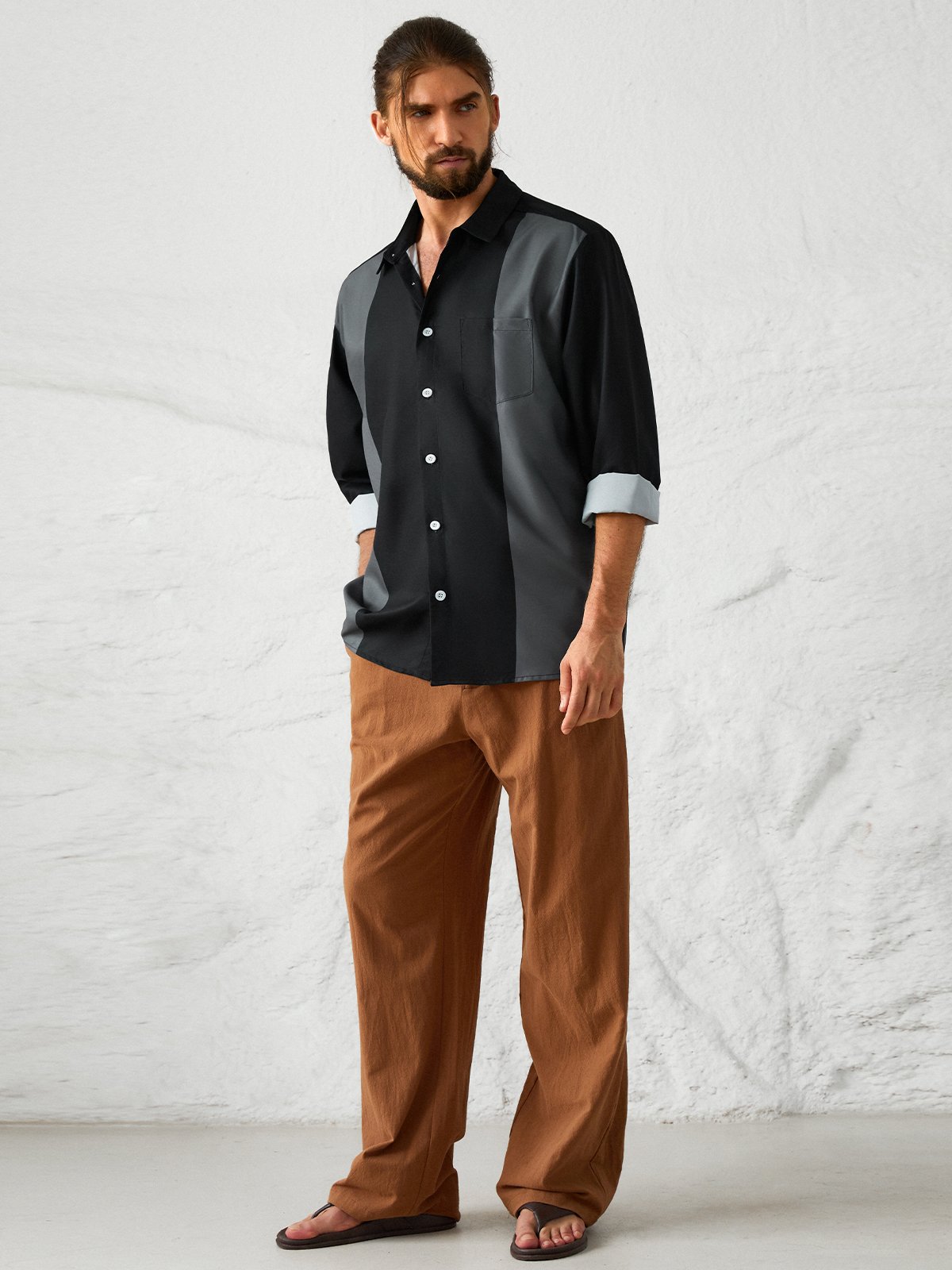 Men's Geometric Stripe Print Fashion Lapel Long Sleeve Hawaiian Shirt