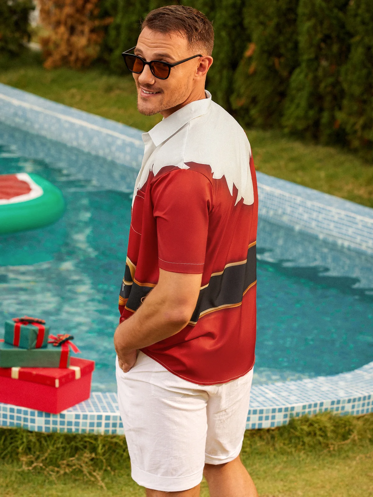 Mens Christmas Print Short Sleeve Shirt Lapel Pocket Hawaiian Shirt