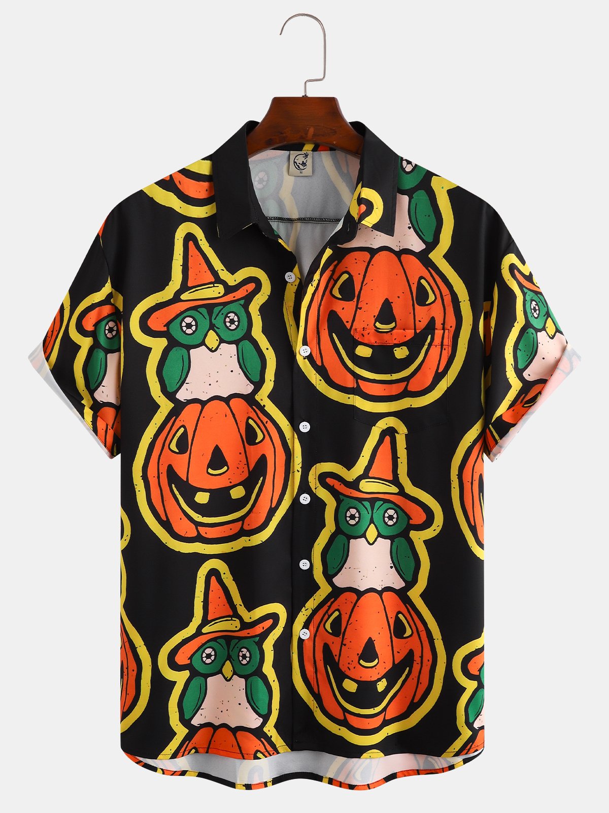 Mens Funky Halloween Pumpkin Print Front Buttons Soft Breathable Chest Pocket Casual Hawaiian Shirts