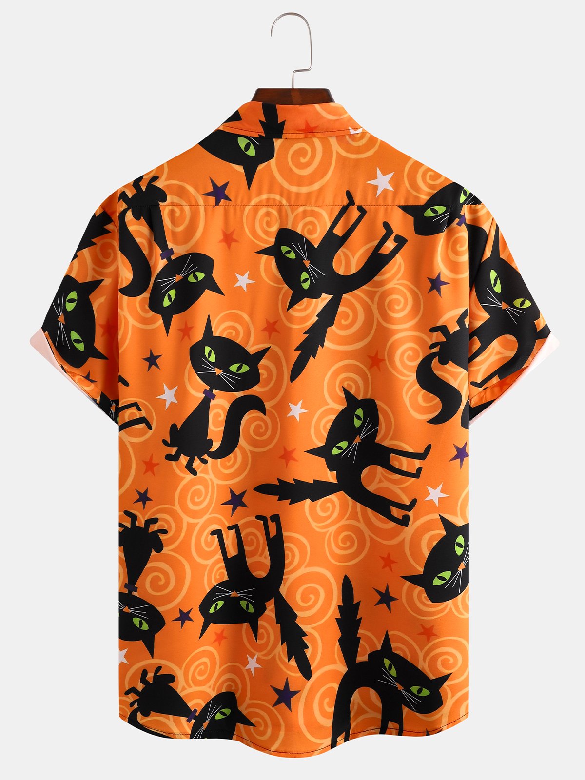 Mens Funky Halloween Cats Print Front Buttons Soft Breathable Chest Pocket Casual Aloha Shirts