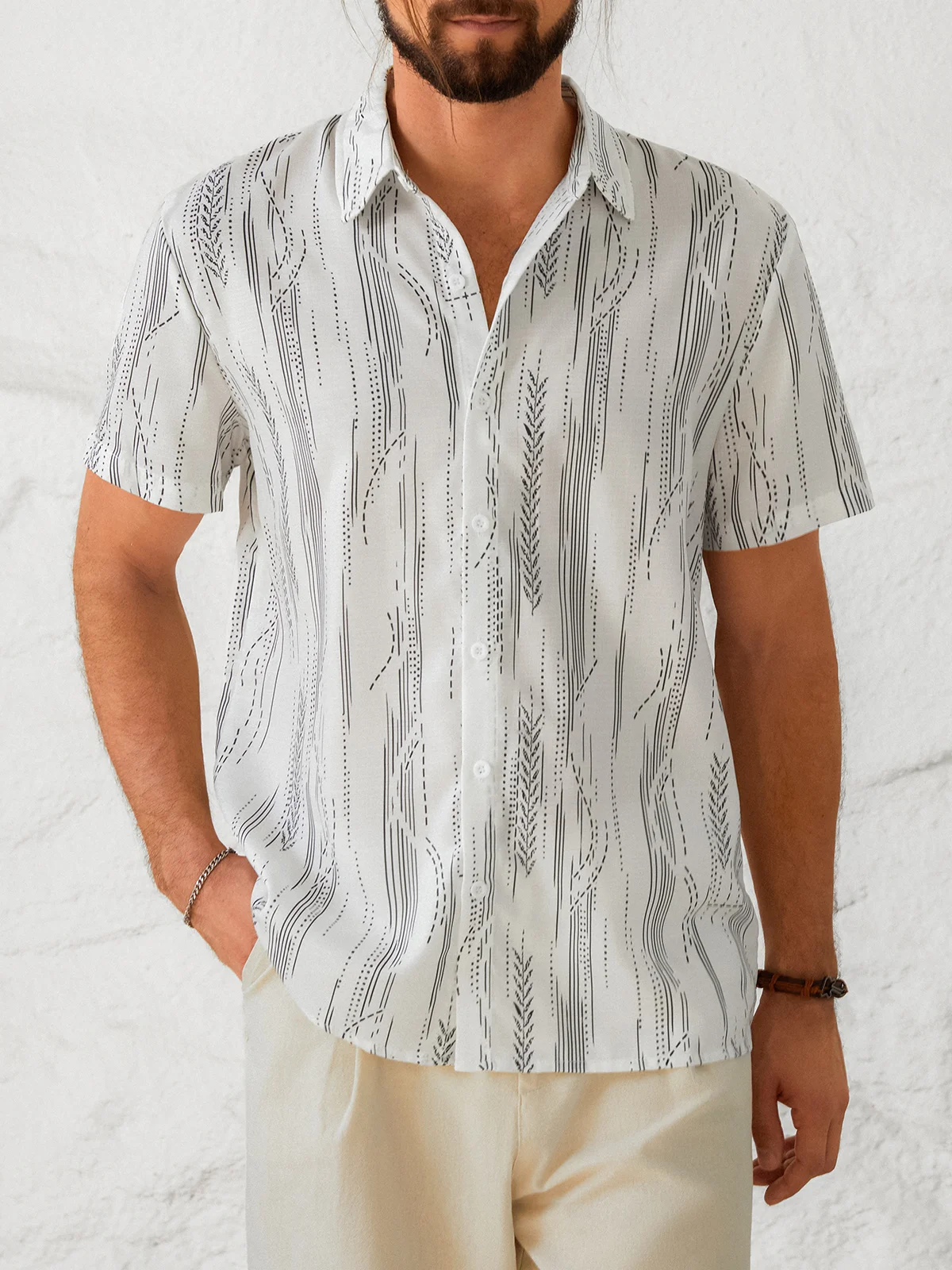 Cotton Linen Geometric Print Casual Short Sleeve Shirt