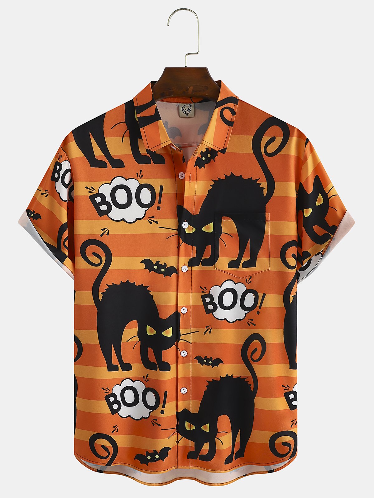 Mens Funky Halloween Cats Print Front Buttons Soft Breathable Chest Pocket Casual Hawaiian Shirts