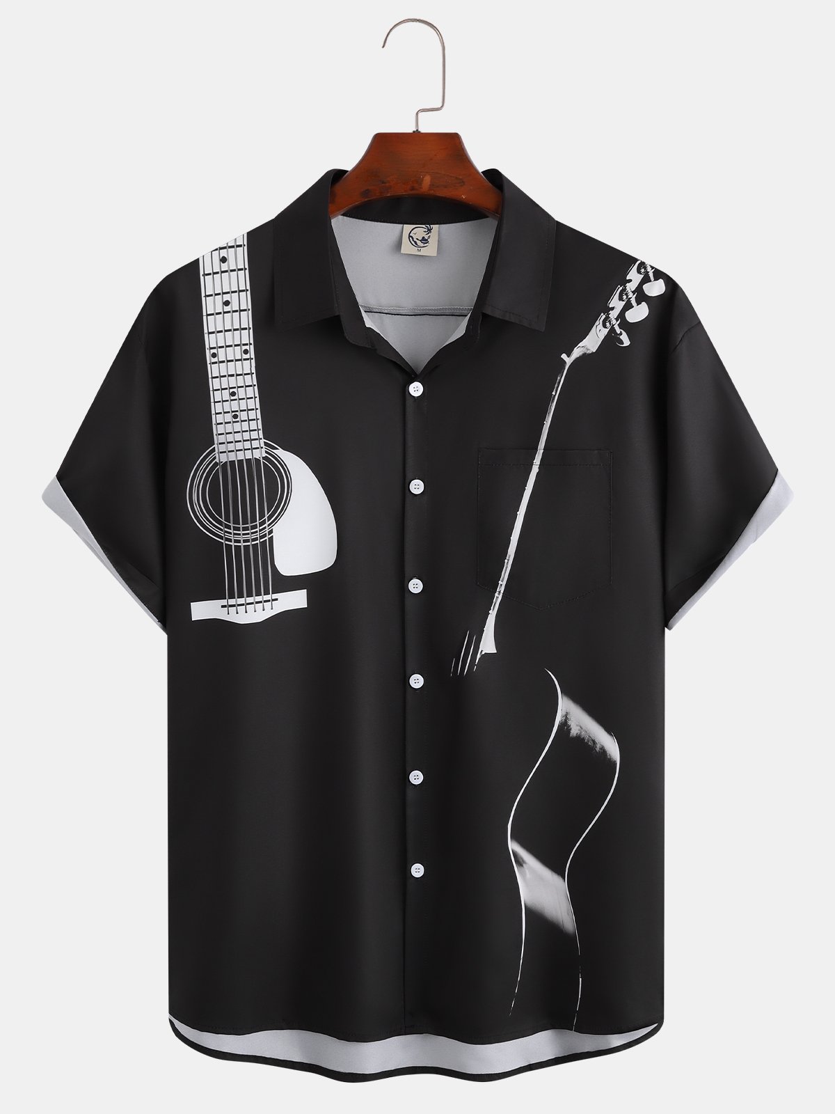 Men's Music Element Printed Moisture Absorbent Breathable Fabric Fashion Pocket Hawaiian Lapel Short Sleeve Shirt