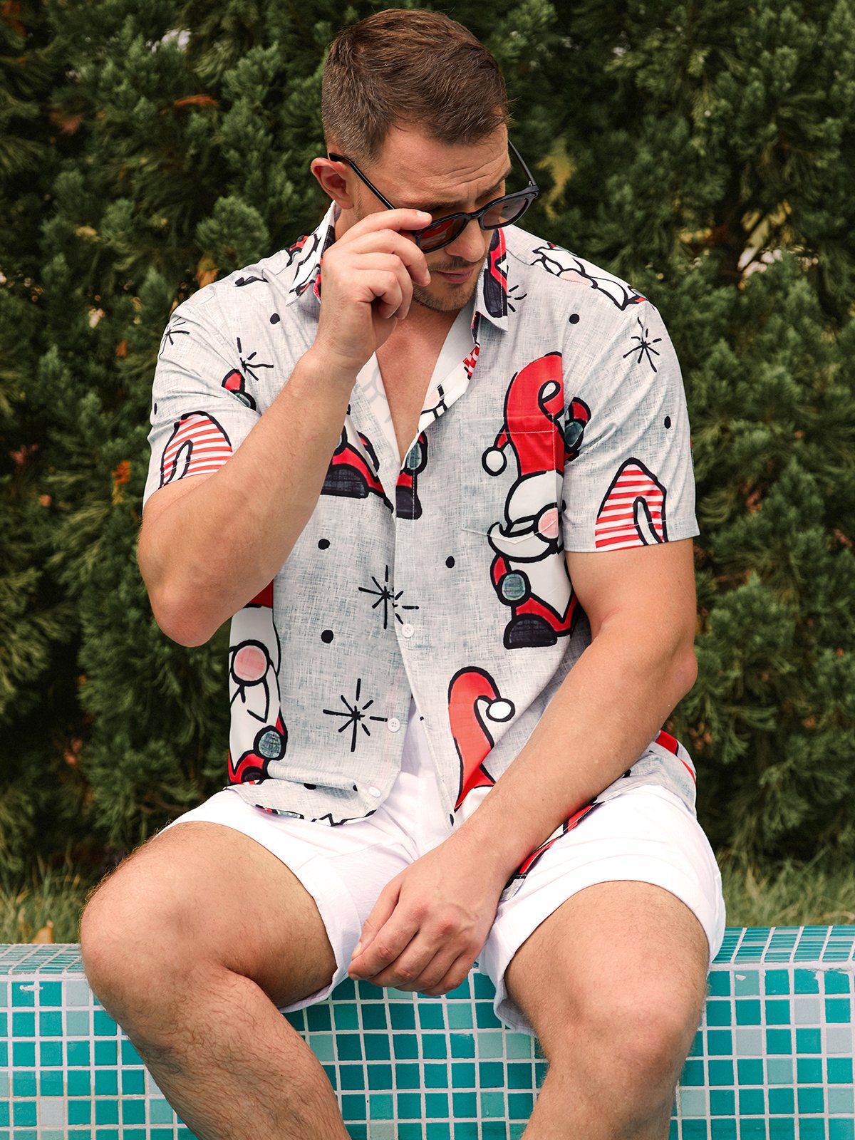 Men's Santa Print Casual Breathable Short Sleeve Shirt