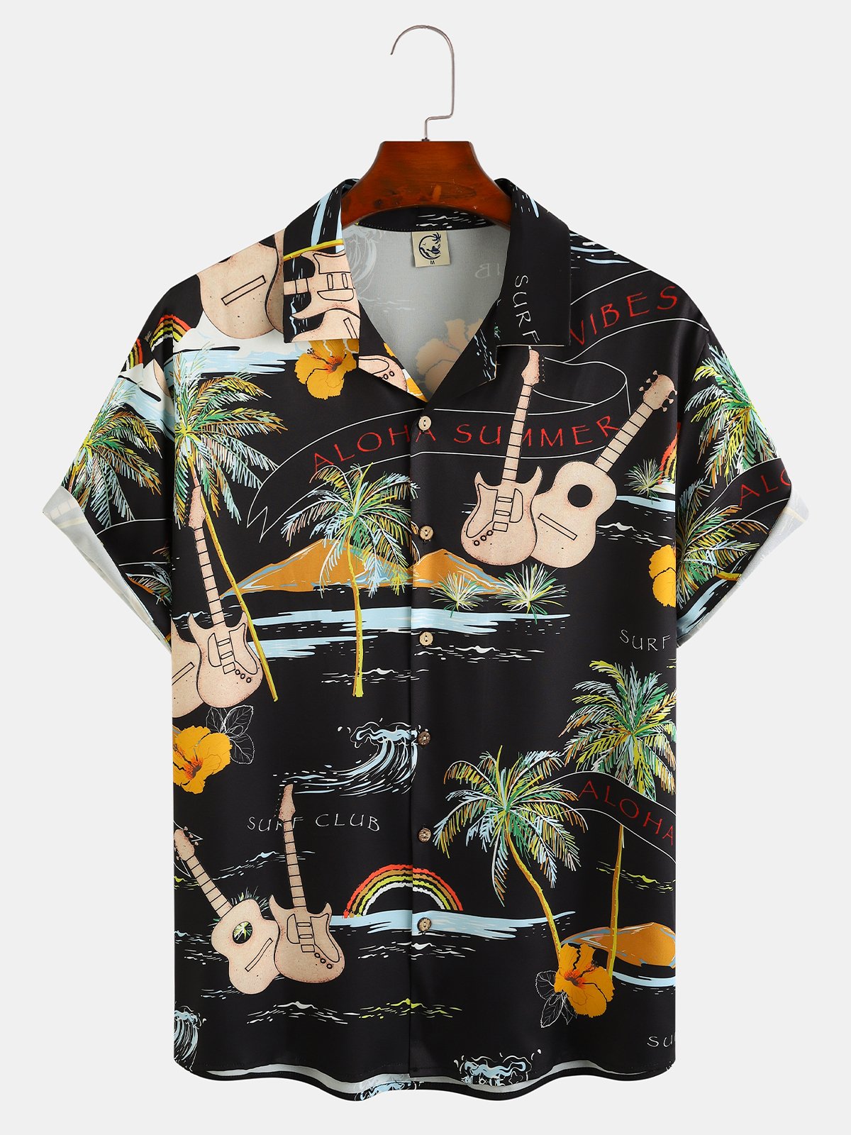 Men's Music Guitar Print Casual Breathable Fabric Hawaiian Short Sleeve Shirt
