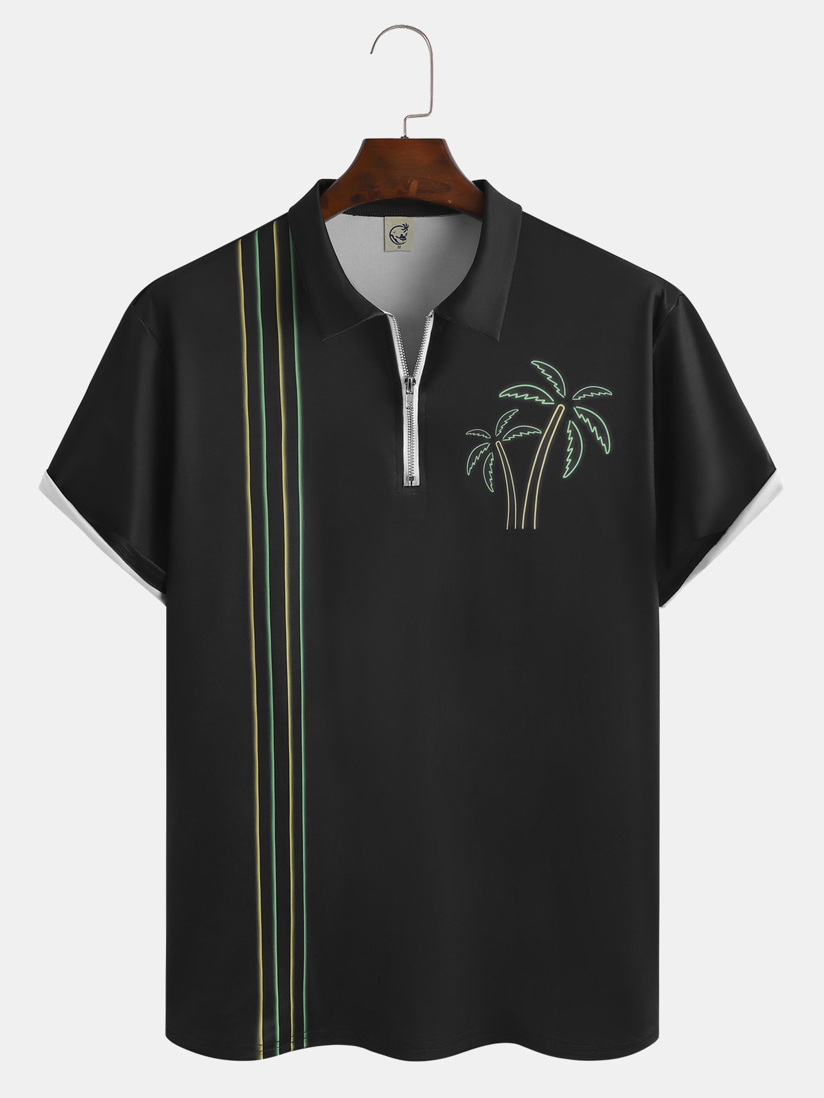 Resort-Style Hawaiian Striped Geometric Plant Coconut Tree Element Pattern Lapel Short-Sleeved Polo Print Top