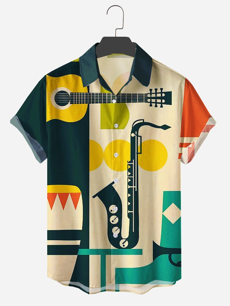 Mens Vintage Guitar and saxophone Print Hawaiian Lapel Shirt