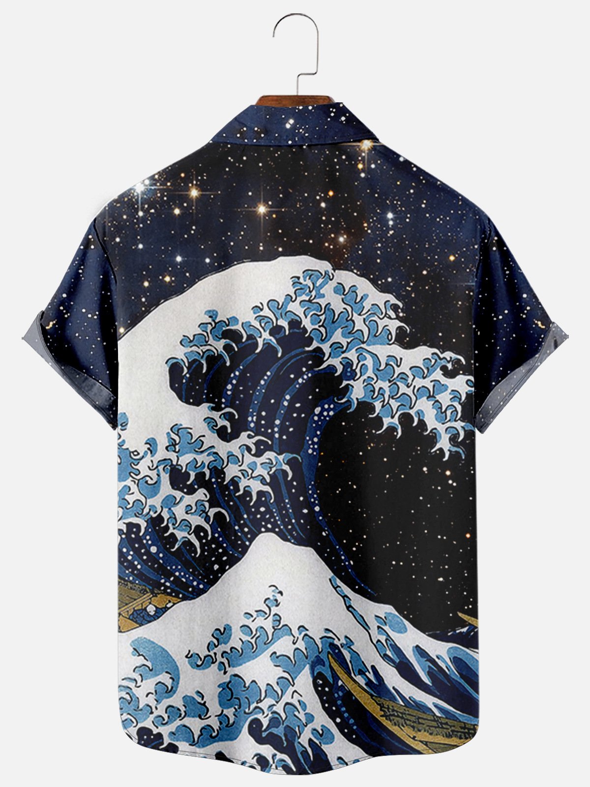 Mens Japanese Ukiyoe Wave Print Casual Breathable Chest Pocket Short Sleeve Hawaiian Shirts