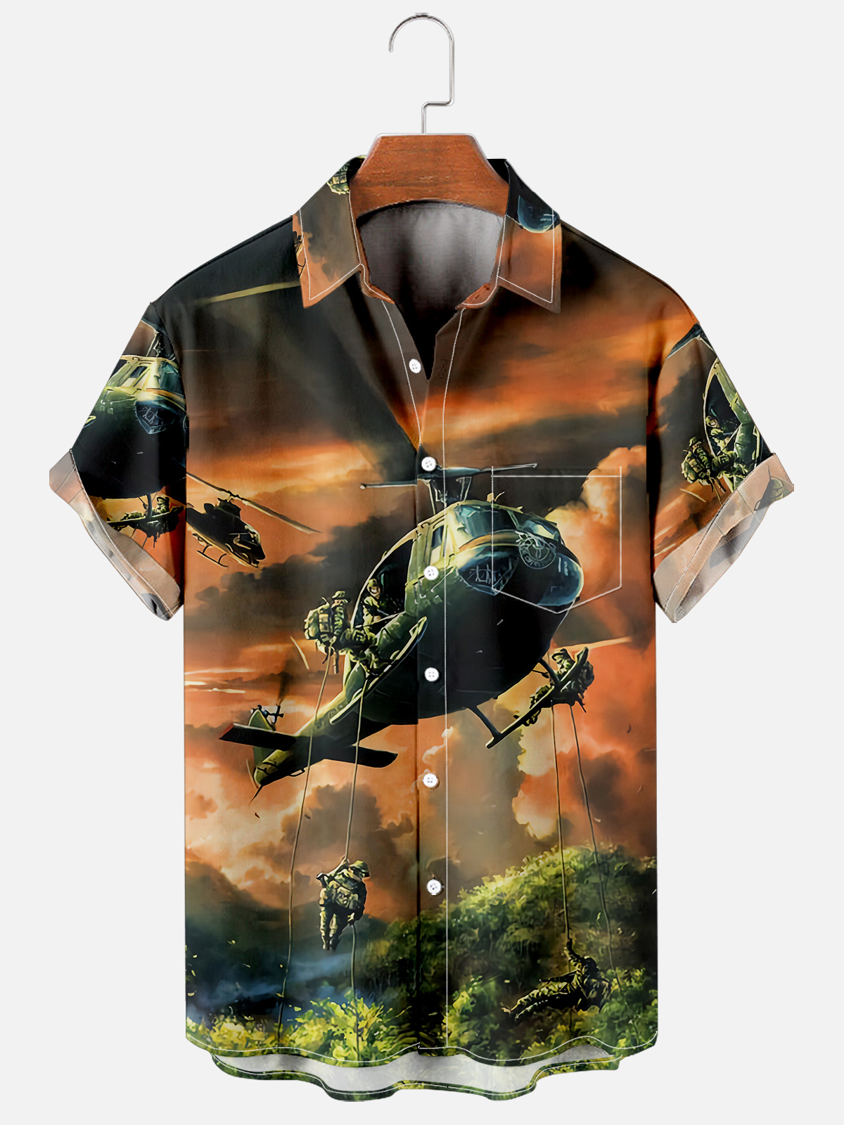 Mens Veterans Helicopter Printed Casual Breathable Short Sleeve Shirt