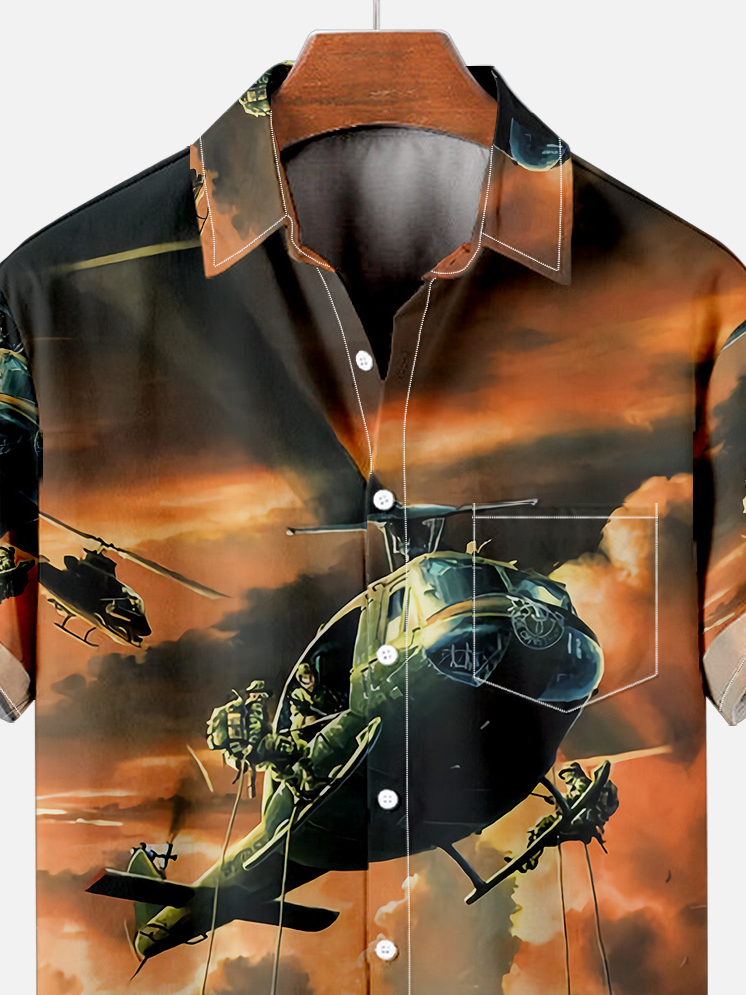 Mens Veterans Helicopter Printed Casual Breathable Short Sleeve Shirt