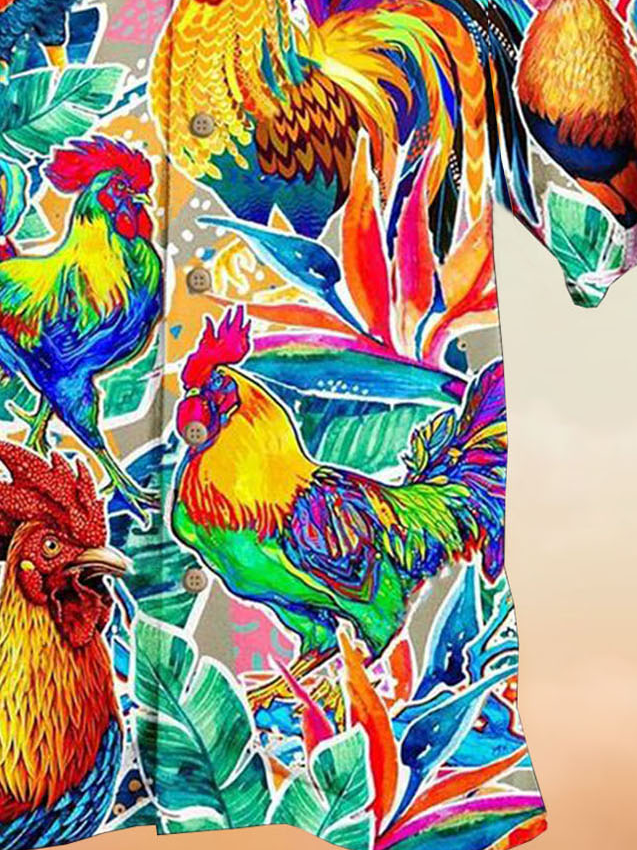Mens Rooster Print Retro Breathable Hawaiian Shirt