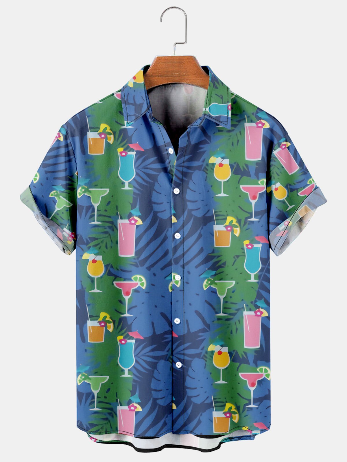 Holiday Style Hawaiian Series Botanical Flower Leaf Cocktail Element Lapel Short-Sleeved Shirt Print Top