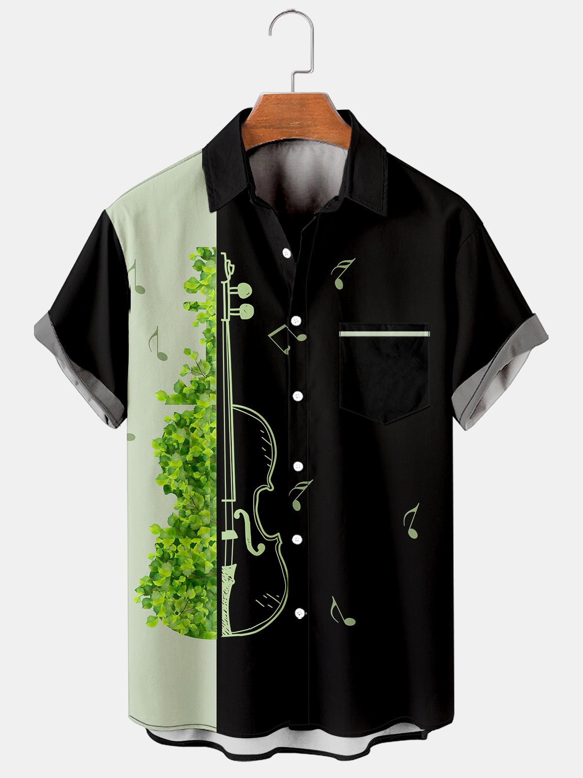 Mens Music Print Casual Breathable Hawaiian Short Sleeve Shirt