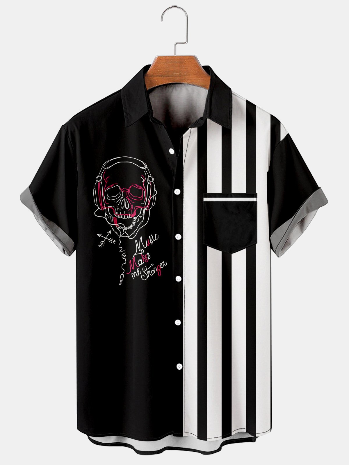 Men's Striped Skull Print Casual Short Sleeve Shirt