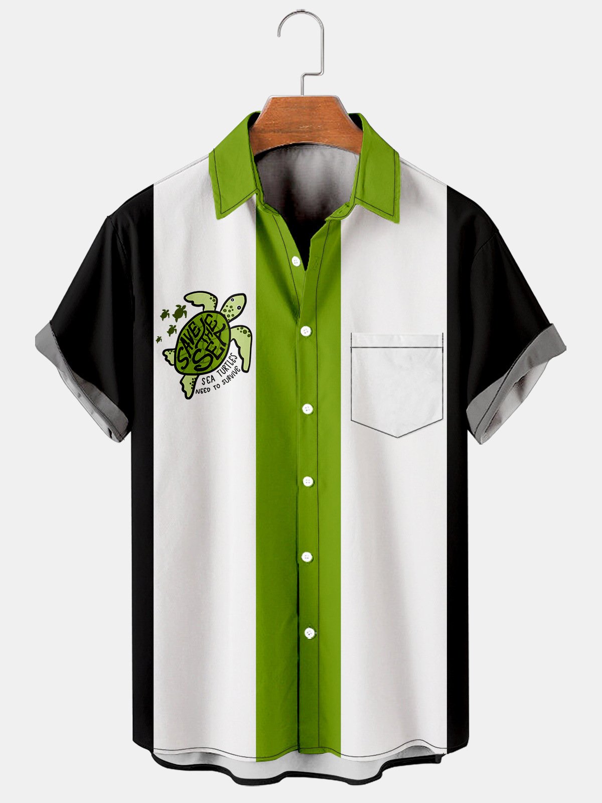 Mens Save Earth Sea Turtles Print Casual Breathable Chest Pocket Short Sleeve Bowling Shirts