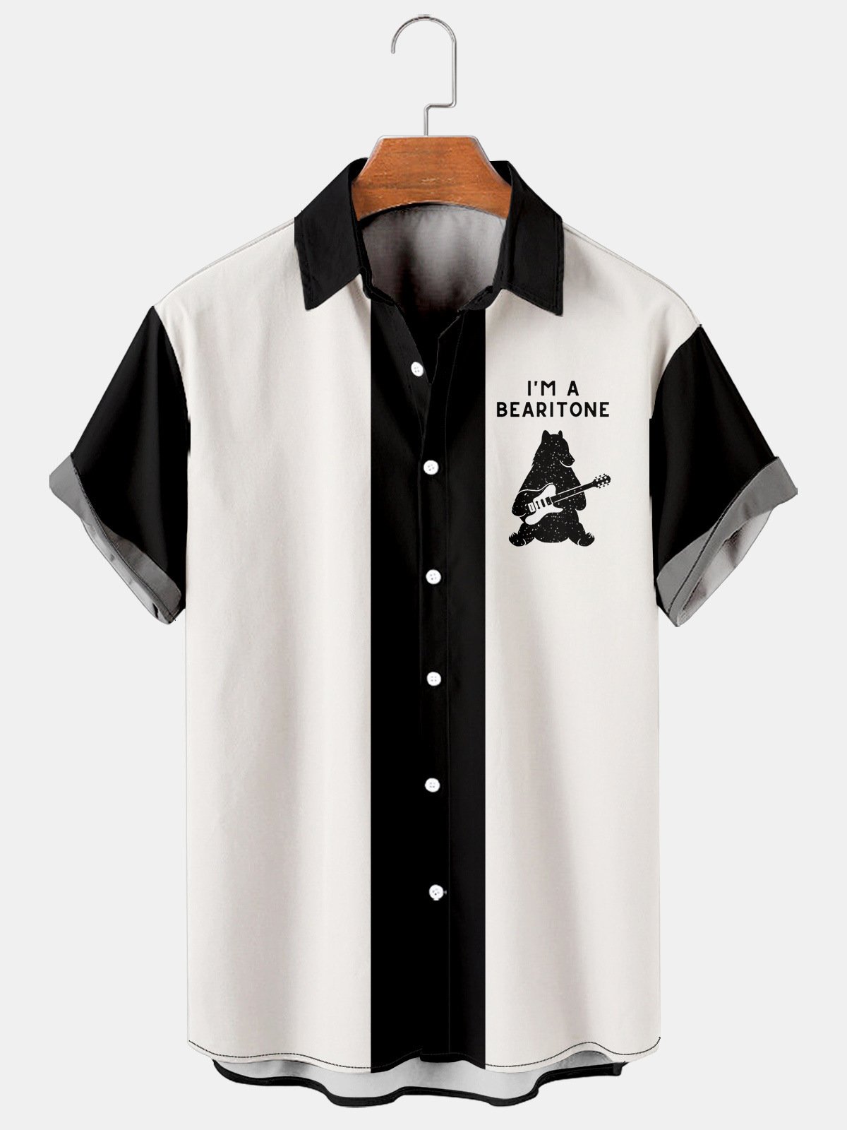 Mens Rock Roll Bear Play Guitar Casual Breathable Short Sleeve Bowling Shirt