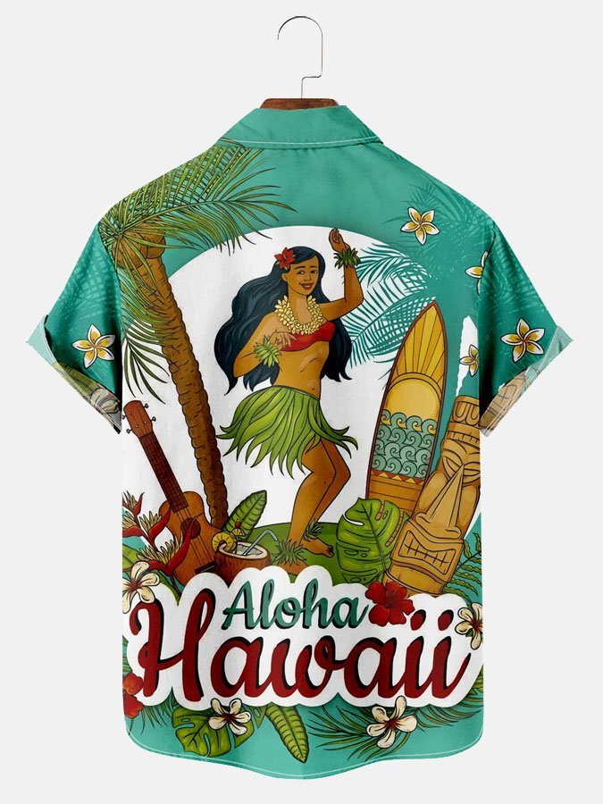 Men's Hula Beauty Print Casual Vacation Short Sleeve Hawaiian Shirt