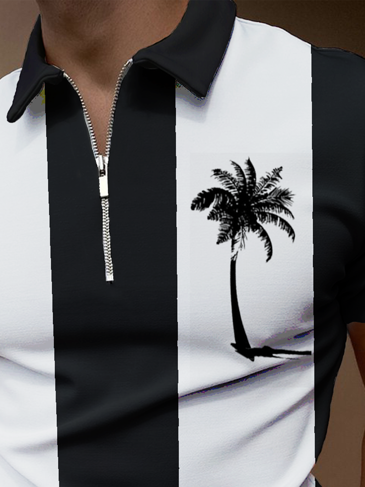 Resort Style Hawaiian Series Coconut Tree Geometric Stripe Elements Lapel Short-Sleeved Polo Top