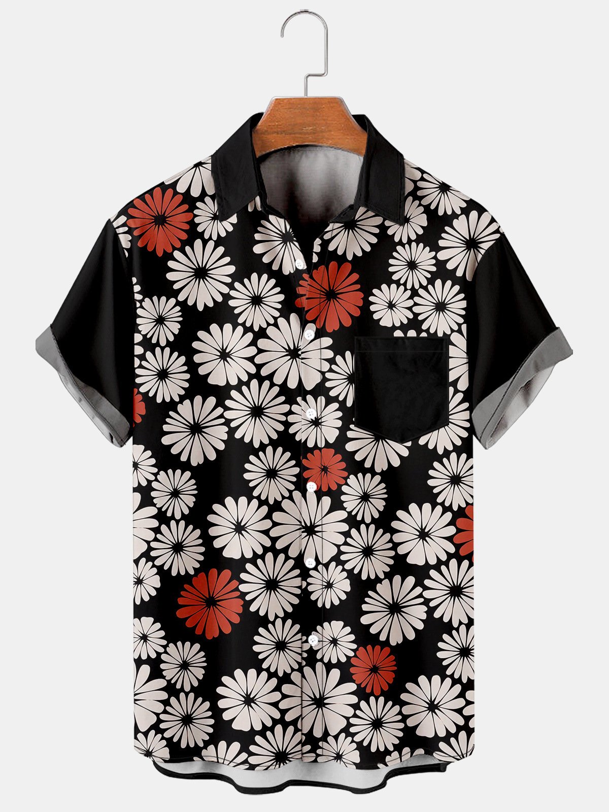 Mens Daisy Print Lapel Loose Chest Pocket Short Sleeve Funky Aloha Shirt
