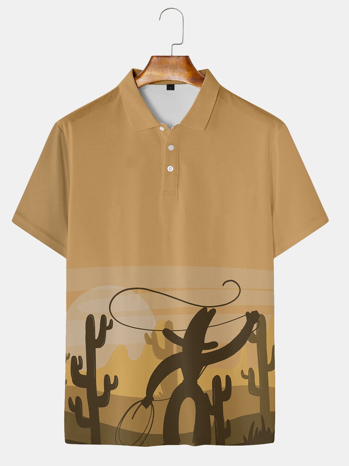 Casual Style Culture Series Retro Gradient Cactus Element Lapel Short-Sleeved Polo Print Top