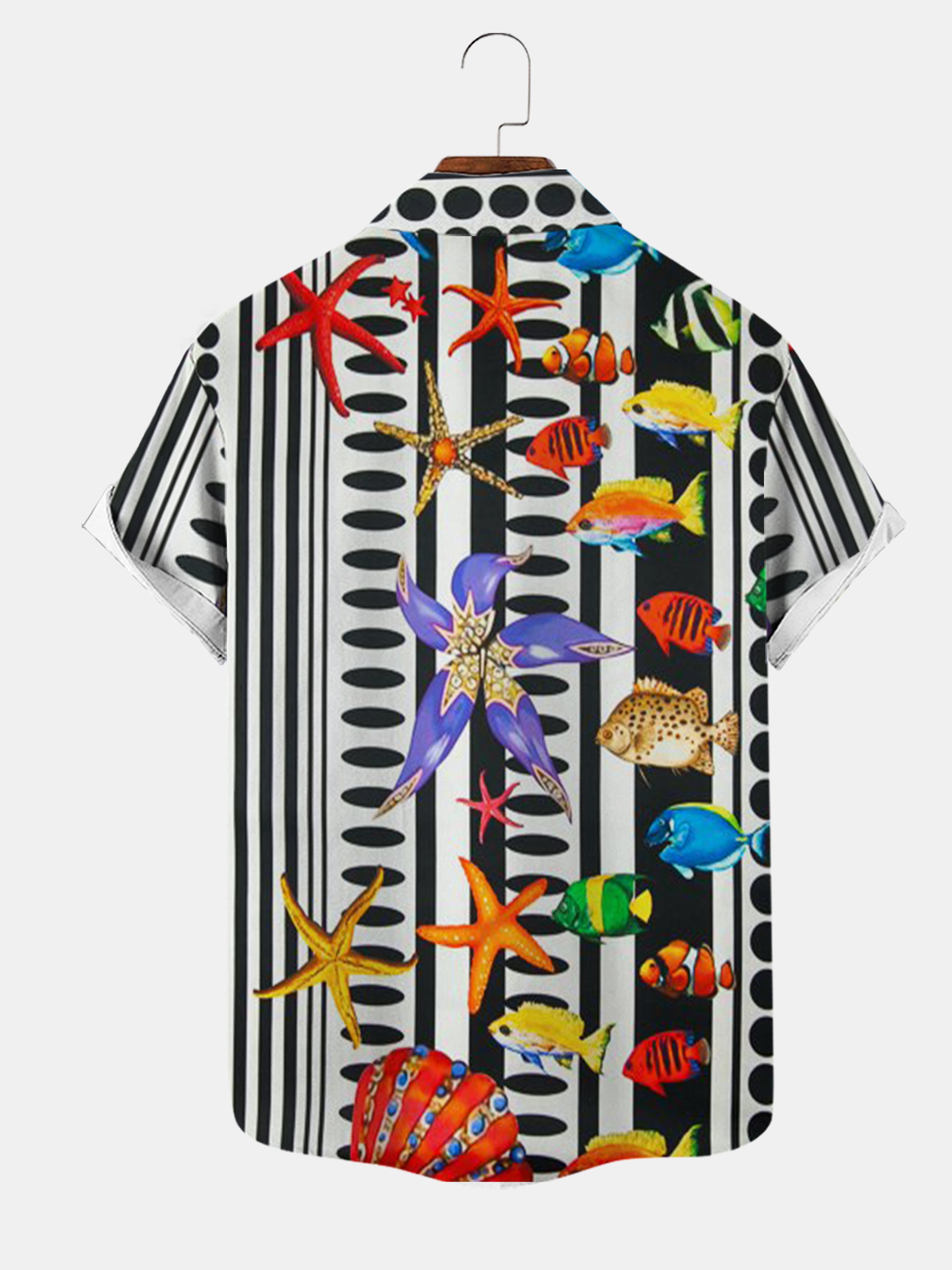 Men's Striped Ocean Print Casual Cool Breathable Hawaiian Short Sleeve Shirt