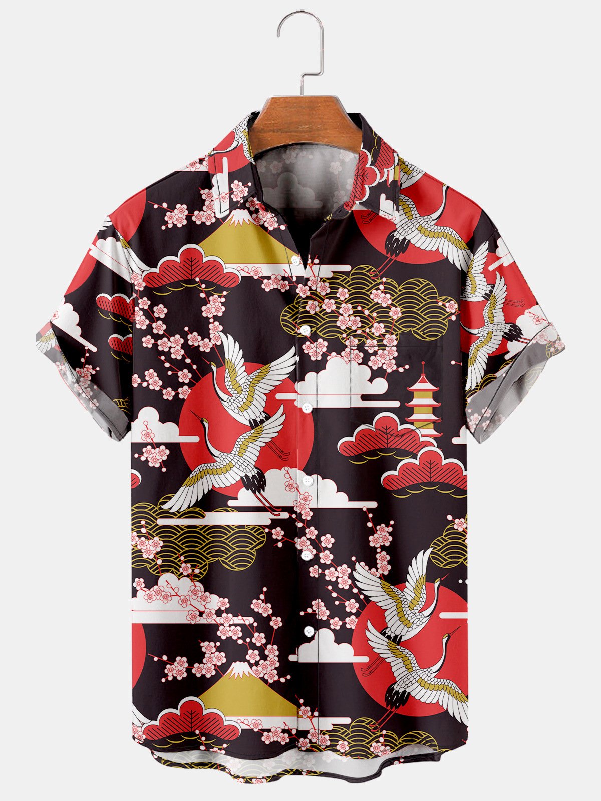 Japanese Crane Graphic Men's Casual Short Sleeve Shirt