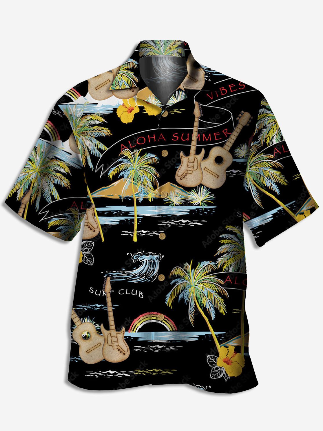 Men's Music Guitar Print Casual Breathable Fabric Hawaiian Short Sleeve Shirt