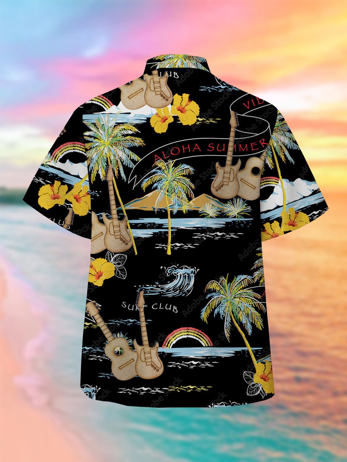 Men's Music Guitar Print Casual Breathable Fabric Hawaiian Short Sleeve Shirt