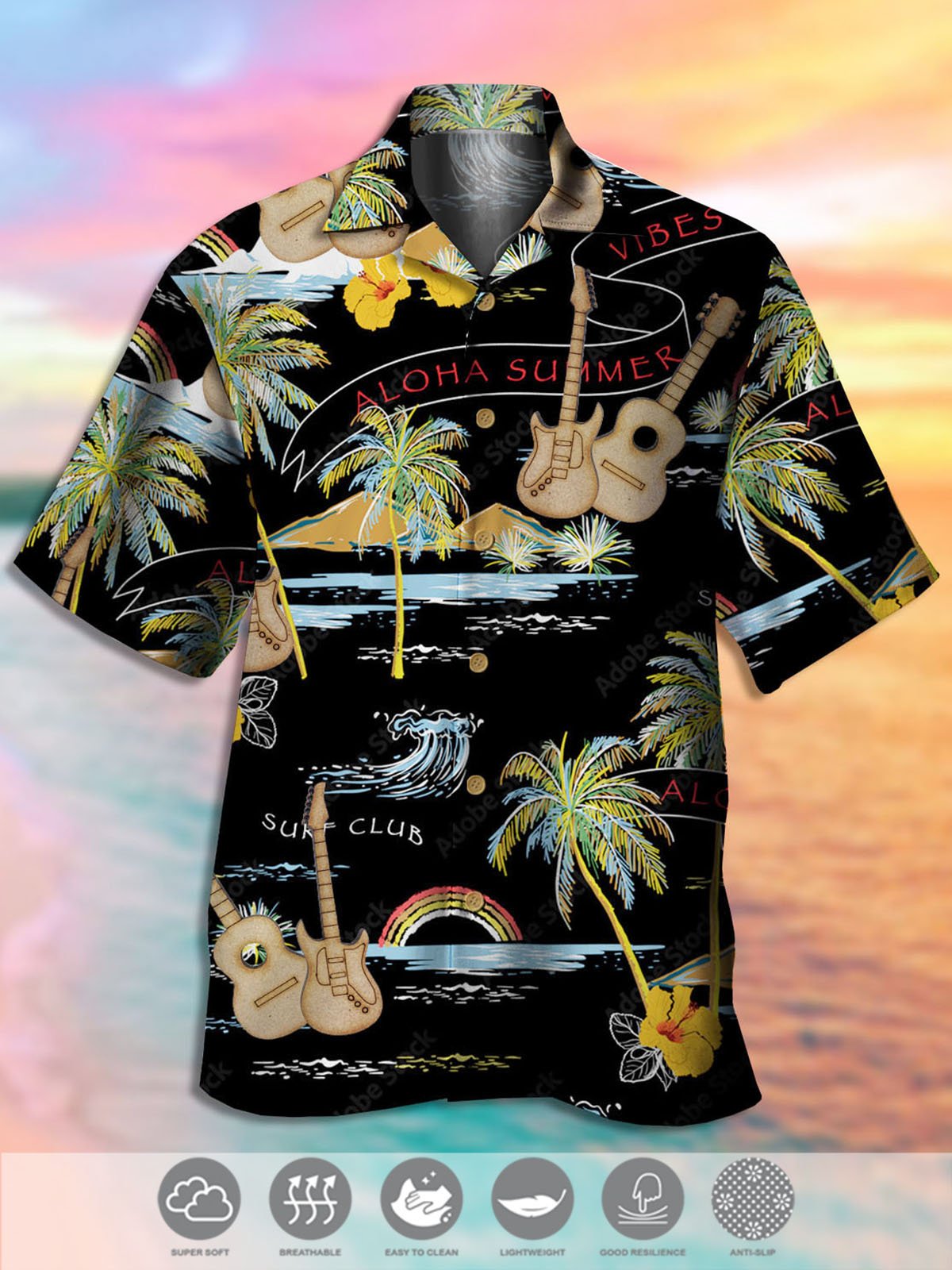 Men's Music Guitar Print Casual Breathable Fabric Hawaiian Short Sleeve Shirt