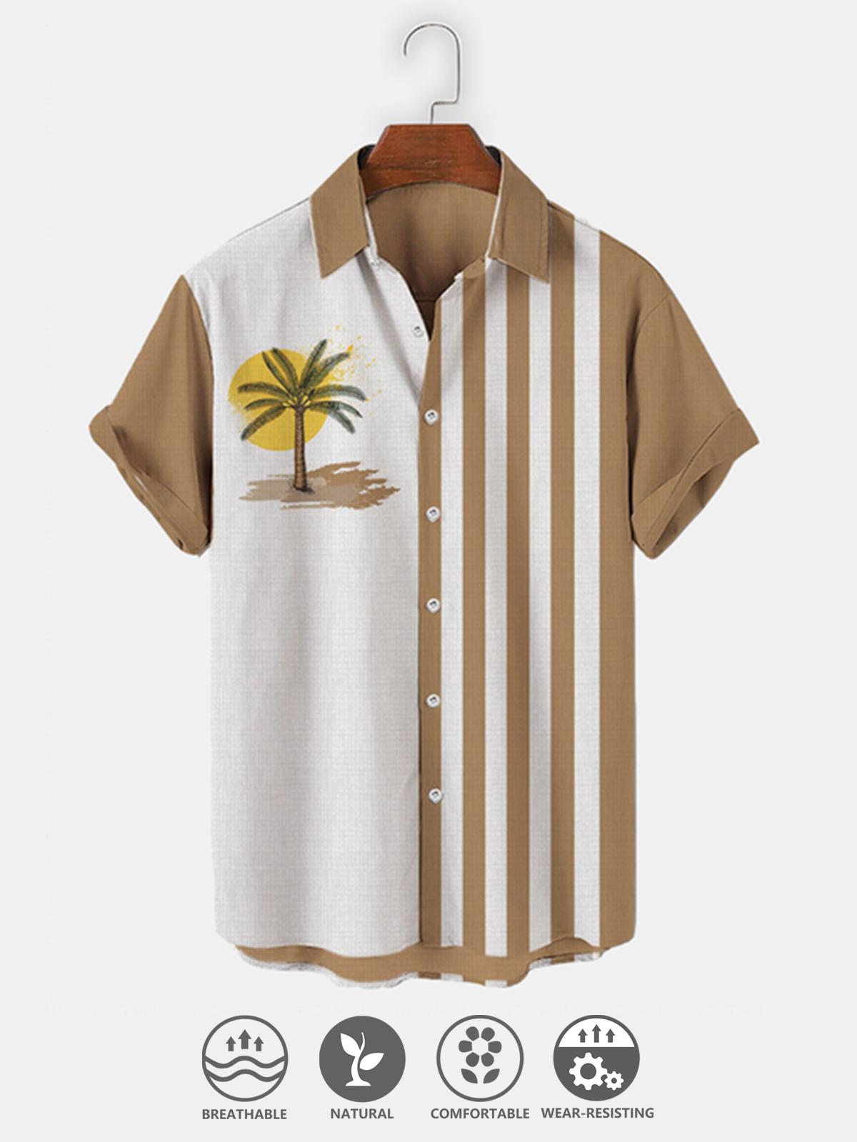 Cotton and Linen Style Hawaiian Coconut Tree Geometric Stripe Print Lapel Cozy Linen Shirt