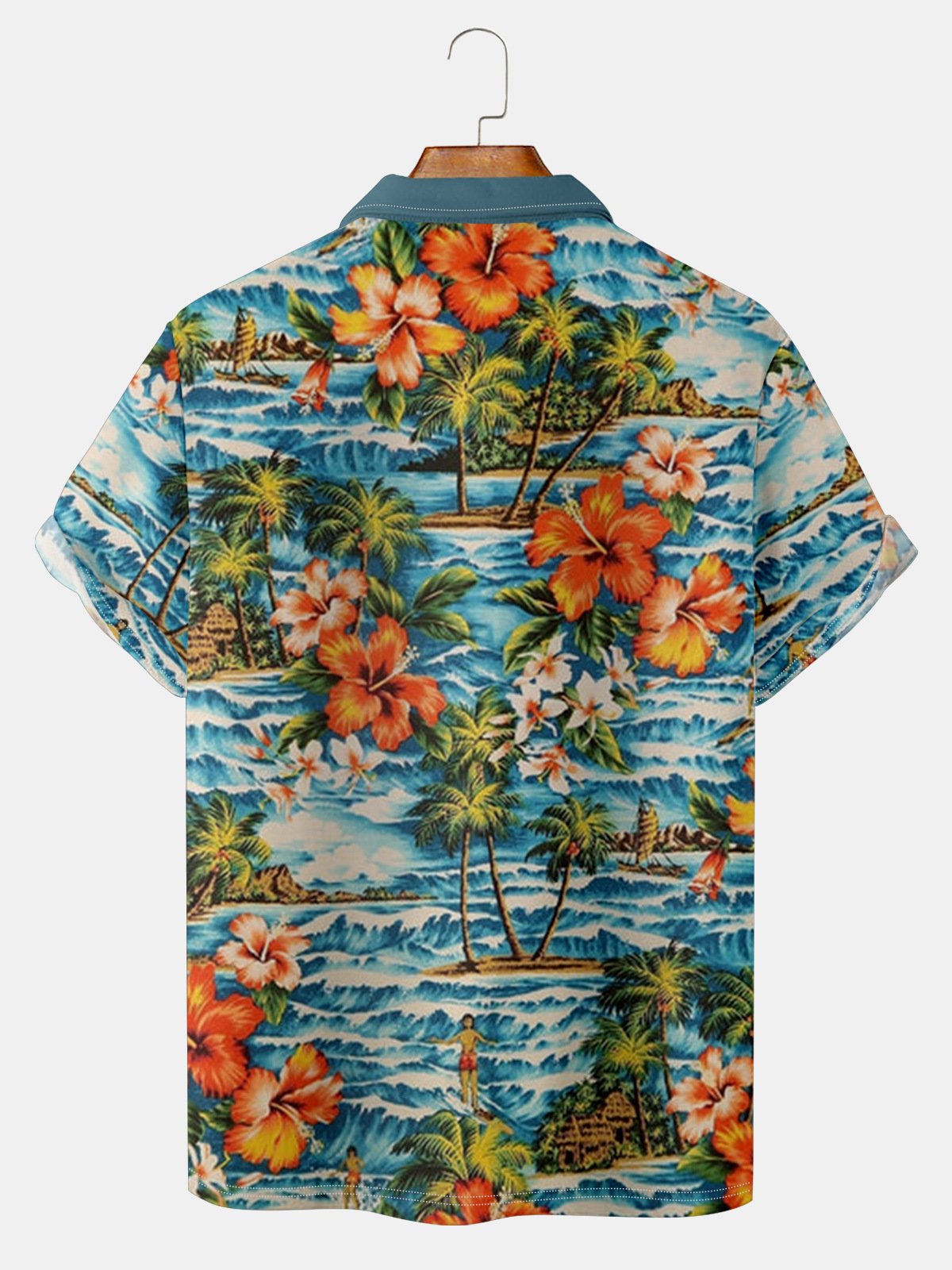 Resort Style Hawaiian Series Botanical And Floral Elements Pattern Lapel Short-Sleeved Polo Print Top