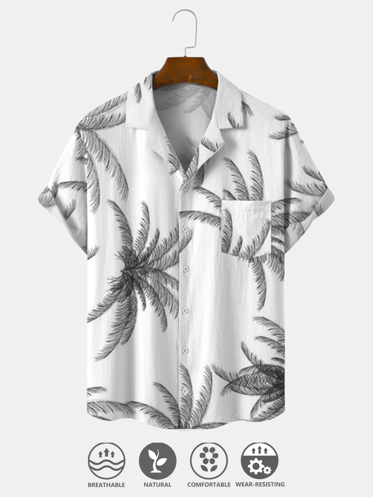 Cotton Linen Style American Botanical Floral Coconut Tree Print Linen Shirt